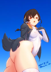 Rule 34 | 1girl, ass, black jacket, blue background, braid, brown hair, commentary request, cosplay, covered erect nipples, covered navel, cowboy shot, emperor penguin (kemono friends), emperor penguin (kemono friends) (cosplay), from below, gradient background, headphones, hood, hooded jacket, hoodie, jacket, kantai collection, kemono friends, leotard, long hair, looking at viewer, moke ro, one-hour drawing challenge, orange eyes, penguin tail, single braid, solo, souya (kancolle), tail, thighhighs, white leotard, white thighhighs