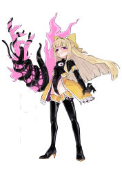 Rule 34 | 1girl, blonde hair, boots, gloves, high heel boots, high heels, kitasshi, latex, leotard, magia sulfur, mahou shoujo ni akogarete, purple eyes, shiny clothes, solo, thigh boots, white background