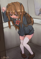 Rule 34 | 1girl, against wall, arm up, artist name, backpack, bag, between legs, black ribbon, blue jacket, blue skirt, blush, bow, bowtie, brown eyes, brown footwear, brown hair, buttons, clenched hand, collared shirt, constricted pupils, dated, elevator, embarrassed, female focus, flat chest, full body, hair ribbon, hand between legs, have to pee, highres, indoors, jacket, knees together feet apart, leaning forward, long hair, long sleeves, looking down, matching hair/eyes, miniskirt, mirror, nose blush, open mouth, original, pee, peeing, peeing self, pleated skirt, pocket, red bow, red bowtie, reflection, ribbon, school uniform, shirt, shoes, sidelocks, signature, skirt, solo, standing, thighhighs, thighs, two side up, ugogogesik, v-shaped eyebrows, wavy mouth, wet, wet clothes, wet skirt, wet thighhighs, white shirt, white thighhighs