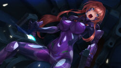 Rule 34 | 1girl, armored bodysuit, bodysuit, breasts, character request, cockpit, commentary request, controller, covered navel, covered nipples, fortified suit, hair intakes, headgear, highres, impossible bodysuit, impossible clothes, joystick, kurione (zassou), large breasts, long hair, muv-luv, muv-luv alternative, open mouth, ponytail, purple bodysuit, red hair, shiny clothes, sitting, skin tight, solo, teeth, upper teeth only