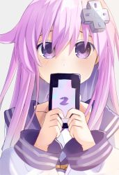 1girl absurdres bimmy blush cellphone commentary d-pad d-pad_hair_ornament dress english_commentary hair_between_eyes hair_ornament highres holding holding_phone long_hair long_sleeves looking_at_viewer neckerchief nepgear neptune_(series) phone purple_eyes purple_hair sailor_collar sailor_dress sidelocks simple_background solo white_background white_dress yellow_neckerchief