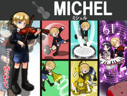Rule 34 | 1boy, 1girl, black hair, blonde hair, blue eyes, candle, chandelier, character name, chloe ardenne, chloe no requiem, commentary request, crossover, drum, drumsticks, final smash, hammer, highres, instrument, kirby, kirby (series), michel d&#039;alembert, musical note, nintendo, piano, purple eyes, shan grila, sleeping, sound wave, super smash bros., translated, trombone, violin, yellow eyes