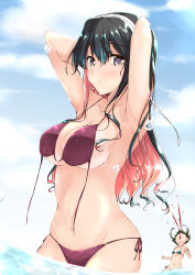 Rule 34 | 2girls, alternate costume, armpits, arms behind head, bikini, bikini tan, black hair, blood, blush, breasts, cleavage, collarbone, covered erect nipples, day, green hair, groin, hair ribbon, hairband, kantai collection, large breasts, long hair, looking at viewer, mikage takashi, multicolored hair, multiple girls, naganami (kancolle), navel, nosebleed, open mouth, outdoors, partially submerged, pink hair, purple bikini, ribbon, short hair, side-tie bikini bottom, small breasts, solo focus, stomach, swimsuit, takanami (kancolle), tan, tanline, thighs, two-tone hair, untied bikini, untied bikini top, wading, wet, yellow eyes