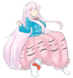 Rule 34 | 1girl, :&lt;, blush stickers, bubble skirt, clenched hand, collared shirt, ganmaganmo, hata no kokoro, long hair, looking at viewer, no mask, pink eyes, pink hair, plaid, plaid shirt, shirt, simple background, skirt, socks, solo, touhou, triangle mouth, very long hair