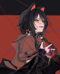 Rule 34 | 1girl, absurdres, animal ears, black collar, black hair, black jacket, black nails, braid, brown shirt, collar, dog ears, fangs, from side, hair ornament, heterochromia, highres, inui toko, jacket, long hair, looking at viewer, nail polish, nijisanji, open mouth, red background, red eyes, scissors, shirt, solo, thread, two-tone background, upper body, virtual youtuber, x hair ornament, yellow eyes, zxjv