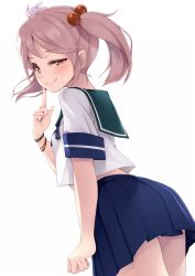 Rule 34 | 1girl, blue skirt, commentary request, finger to cheek, from behind, hair bobbles, hair ornament, kantai collection, long hair, looking back, midriff, mofu namako, pink eyes, pink hair, sazanami (kancolle), school uniform, serafuku, shirt, simple background, skirt, smile, smug, solo, twintails, white background, white shirt