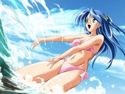 Rule 34 | 1girl, :d, ameiro no kisetsu, armpits, bandeau, bikini, blue hair, breasts, brown eyes, cleavage, cloud, covered erect nipples, day, dutch angle, floating hair, from side, front-tie top, game cg, hair ribbon, happy, long hair, looking afar, lowres, medium breasts, navel, ocean, one side up, open mouth, outdoors, outstretched arms, pink bikini, ribbon, side-tie bikini bottom, sky, smile, solo, standing, swimsuit, wading, water, wide hips, yagami yuuko (ameiro no kisetsu), yamane masahiro
