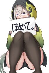 Rule 34 | 1girl, absurdres, ass, azuki (ne 4zk), black thighhighs, blush, covering own mouth, fate/grand order, fate (series), grey hair, highres, hood, hoodie, huyan zhuo (fate), long hair, notepad, purple eyes, squatting, thighhighs, thighs, white background