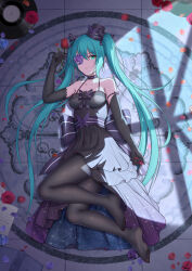 Rule 34 | aqua eyes, aqua hair, back bow, black dress, black gloves, black pantyhose, bow, breasts, commentary, dress, elbow gloves, flan (seeyouflan), flower, flower over eye, full body, gloves, hat, hatsune miku, highres, long hair, looking at viewer, lying, medium breasts, mini hat, mini top hat, no shoes, on floor, one eye closed, pantyhose, parted lips, record, red flower, red rose, rose, sleeveless, sleeveless dress, star (symbol), star print, top hat, twintails, very long hair, vocaloid