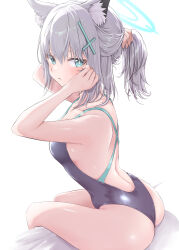 Rule 34 | 1girl, absurdres, alternate costume, animal ear fluff, animal ears, ass, black one-piece swimsuit, blue archive, blue eyes, breasts, competition swimsuit, covered navel, cowboy shot, cross hair ornament, extra ears, grey hair, hair ornament, halo, highres, kirin 13, looking at viewer, low ponytail, medium breasts, medium hair, mismatched pupils, multicolored clothes, multicolored swimsuit, one-piece swimsuit, shiroko (blue archive), simple background, sitting, solo, swimsuit, white background, wolf ears