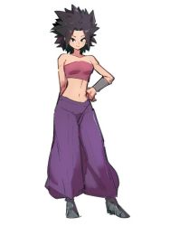 Rule 34 | 1girl, arm at side, baggy pants, black eyes, black footwear, black hair, breasts, caulifla, clenched hand, closed mouth, contrapposto, dot nose, dragon ball, dragon ball super, full body, hand on own hip, kemachiku, looking at viewer, medium breasts, midriff, navel, pants, parted bangs, pink tube top, pink tubetop, purple pants, shoes, short hair, simple background, smile, solo, standing, strapless, tsurime, tube top, white background, wristband