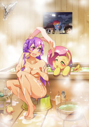Rule 34 | 3girls, 5girls, animal ears, bath, bathing, black hair, blush, breasts, camera, collarbone, commentary, crossover, eyelashes, fluttershy, green eyes, highres, inaba tewi, looking at another, moon, multicolored hair, multiple girls, my little pony, my little pony: friendship is magic, night, night sky, nude, open mouth, orange eyes, pegasus, pink hair, purple eyes, purple hair, rabbit ears, rainbow dash, red eyes, reisen udongein inaba, rubber duck, shameimaru aya, shiny skin, sidelocks, sky, soap, steam, touhou, xin yu hua yin