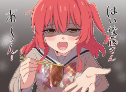 Rule 34 | 1girl, :d, absurdres, ao (flowerclasse), blush, bocchi the rock!, brown eyes, brown shirt, chopsticks, commentary request, food, hair between eyes, half-closed eyes, highres, holding, holding chopsticks, kita ikuyo, long hair, long sleeves, looking at viewer, one side up, open mouth, red hair, sailor collar, shirt, smile, solo, sparkle, translation request, upper body, white sailor collar, yakiniku
