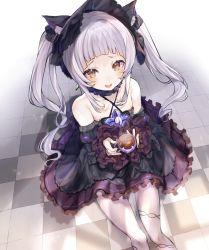 Rule 34 | 1girl, animal ears, bare shoulders, black dress, blush, bonnet, cat ears, checkered floor, commentary, criss-cross halter, cup, disposable cup, dress, feet out of frame, flat chest, frilled dress, frilled sleeves, frills, from above, halterneck, highres, holding, holding cup, hololive, kemonomimi mode, layered dress, long hair, looking at viewer, murasaki shion, murasaki shion (gothic lolita), official alternate costume, oimo 0imo, open mouth, orange eyes, silver hair, simple background, sitting, smile, solo, steam, teacup, twintails, virtual youtuber, white background