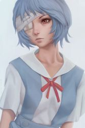 Rule 34 | 1girl, arms at sides, ayanami rei, bad id, bad pixiv id, bandaid, blue hair, blue skirt, breasts, collarbone, expressionless, eyelashes, eyepatch, grey background, high-waist skirt, highres, lips, looking afar, looking away, looking to the side, miura-n315, neon genesis evangelion, nose, parted lips, realistic, red eyes, red ribbon, ribbon, school uniform, shirt, short hair, short sleeves, simple background, skirt, small breasts, solo, tsurime, upper body, white background, white shirt
