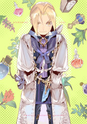 Rule 34 | 1boy, black pants, blonde hair, closed mouth, coat, cowboy shot, crystal, edward elric, emmmerald, final fantasy, final fantasy xiv, fullmetal alchemist, green background, hands in pockets, jacket, long sleeves, looking at viewer, male focus, open clothes, open coat, pants, parted bangs, shirt, smile, solo, vial, white coat, yellow eyes