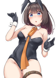 Rule 34 | 1girl, :o, absurdres, akizuki (kancolle), alternate costume, animal ears, black gloves, black hair, black leotard, blue eyes, blush, breasts, cowboy shot, detached collar, duplicate, embarrassed, fake animal ears, from below, gloves, gluteal fold, groin, highres, kantai collection, kiritto, leotard, long hair, looking at viewer, looking down, medium breasts, neckerchief, open mouth, orange neckerchief, pixel-perfect duplicate, ponytail, rabbit ears, short hair, simple background, solo, strapless, strapless leotard, sweatdrop, white background