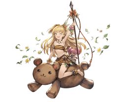 Rule 34 | 10s, 1girl, animal print, anklet, barefoot, belt, blonde hair, bracelet, character doll, eyebrows, facepaint, feather hair ornament, feathers, feet, flat chest, full body, granblue fantasy, green eyes, hair ornament, holding, holding weapon, idolmaster, idolmaster cinderella girls, jewelry, jougasaki mika, jougasaki rika, long hair, midriff, minaba hideo, miniskirt, navel, necklace, official art, one eye closed, polearm, skirt, smile, solo, spear, strapless, tiger print, transparent background, tribal, tube top, two side up, weapon