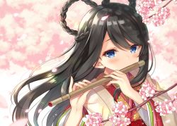Rule 34 | 1girl, black hair, blue eyes, blurry, blurry background, blush, braid, commentary request, covered mouth, depth of field, fingernails, flower, flute, hair rings, holding, holding instrument, instrument, japanese clothes, kimono, layered clothes, layered kimono, long hair, long sleeves, looking at viewer, music, original, petals, pink flower, playing flute, playing instrument, print kimono, shiromikan, solo, transverse flute, very long hair, wide sleeves, yellow kimono