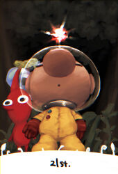 Rule 34 | 1boy, :o, big nose, black eyes, buttons, closed eyes, colored skin, commentary request, dated, flower, from below, full body, gloves, helmet, looking at viewer, male focus, nintendo, no mouth, olimar, open mouth, pikmin (creature), pikmin (series), pikmin 1, plant, pointy ears, pointy nose, radio antenna, red gloves, red light, red pikmin, red skin, space helmet, spacesuit, usuba (hatomugip), vines, white flower