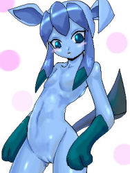 Rule 34 | 1girl, animal ears, blue eyes, blue skin, blush, breasts, colored skin, completely nude, costume, creatures (company), flat chest, furry, furry female, game freak, gen 4 pokemon, glaceon, irismightlikepink, lowres, nintendo, nude, personification, pokemon, pussy, simple background, solo, tail, uncensored, white background