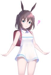 Rule 34 | 1girl, ?, aged down, amiya (arknights), animal ears, aqua eyes, arknights, bag, bare arms, bare legs, bare shoulders, breasts, brown hair, child, collared shirt, commentary, dot nose, forehead, highres, kindergarten bag, koko sokodoko, legs apart, long shirt, looking at viewer, medium hair, open mouth, rabbit ears, rabbit girl, shirt, sidelocks, simple background, sleeveless, small breasts, solo, two side up, white background
