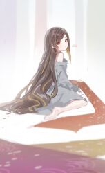 Rule 34 | 1girl, :o, absurdres, artist name, bare shoulders, barefoot, brown hair, chiori (genshin impact), commentary request, dress, eyelashes, genshin impact, grey dress, hair down, highres, long hair, long sleeves, looking at viewer, looking back, midorinokaibutu4500, multicolored background, multicolored hair, off-shoulder dress, off shoulder, open mouth, parted bangs, parted lips, red eyes, sidelocks, simple background, sitting, sketch, solo, streaked hair, swept bangs, twitter username, very long hair, wariza