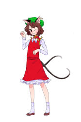 Rule 34 | 1girl, animal ears, blush, bow, brown hair, cat ears, cat tail, chen, fufuyomumusu, hat, highres, jewelry, long sleeves, mob cap, multiple tails, one eye closed, short hair, skirt, skirt set, smile, solo, tail, touhou