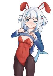 Rule 34 | 1girl, animal ears, black pantyhose, blue hair, blue hoodie, blunt bangs, breasts, clothes lift, cowboy shot, fins, fish tail, gawr gura, grey hair, hair ornament, highres, hololive, hololive english, holomyth, hood, hooded sweater, hoodie, leotard, lifted by self, long hair, manysuchfrogs, multicolored hair, pantyhose, playboy bunny, rabbit ears, red leotard, shark girl, shark hair ornament, shark tail, simple background, small breasts, solo, strapless, strapless leotard, streaked hair, sweater, sweater lift, tail, two side up, virtual youtuber, white background