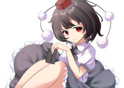 Rule 34 | 1girl, absurdres, black hair, collared shirt, commentary, highres, red eyes, shameimaru aya, shirt, simple background, sitting, solo, tagme, touhou, white background