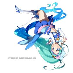 Rule 34 | 1girl, blue eyes, boots, cure mermaid, elbow gloves, full body, gloves, go! princess precure, gradient hair, hand on own face, kaidou minami, long hair, multicolored hair, precure, simple background, solo, upside-down, very long hair, yuuzii