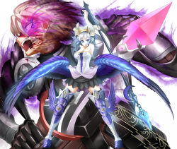 Rule 34 | 1boy, 1girl, armor, armored dress, aura, blood, breasts, cleavage, crown, dress, glowing, glowing eyes, gwendolyn (odin sphere), highres, large breasts, leg wings, low wings, odin sphere, open mouth, oswald, polearm, short hair, silver hair, spear, strapless, strapless dress, sword, takebi, teeth, thighhighs, valkyrie, weapon, wings, zettai ryouiki
