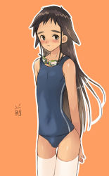 Rule 34 | 1boy, animal ears, black hair, blush, brown eyes, bulge, coin rand, crossdressing, goggles, goggles around neck, long hair, male focus, old school swimsuit, one-piece swimsuit, orange background, original, outline, school swimsuit, shigeru (rand), sidelocks, simple background, solo, striped clothes, striped one-piece swimsuit, swimsuit, tan, thighhighs, thighs, trap, vertical-striped clothes, vertical-striped one-piece swimsuit, very long hair, white thighhighs, zettai ryouiki