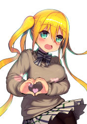 Rule 34 | 1girl, :d, absurdres, bad id, bad pixiv id, black shirt, blend s, blonde hair, blush, bow, breasts, brown pantyhose, brown sweater, collared shirt, commentary request, green eyes, hair between eyes, hair ornament, heart, heart hair ornament, highres, hinata kaho, korean commentary, large breasts, leonat, long hair, long sleeves, looking at viewer, open mouth, pantyhose, plaid, plaid skirt, pleated skirt, puffy long sleeves, puffy sleeves, school uniform, shirt, sidelocks, simple background, skirt, sleeves past wrists, smile, solo, sparkling eyes, striped, striped bow, sweater, twintails, very long hair, white background, white bow, white skirt