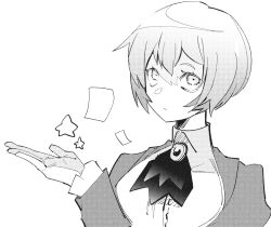 Rule 34 | 1girl, angela (project moon), ascot, closed mouth, coat, collared shirt, frilled sleeves, frills, greyscale, juliet sleeves, library of ruina, long sleeves, looking up, madotsuki ren, monochrome, pages, project moon, puffy sleeves, shirt, short hair, simple background, solo