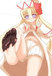 Rule 34 | 1girl, artist request, barefoot, blonde hair, bloomers, blush, bow, chocolate, chocolate on foot, clothes lift, dress, dress lift, feet, foot focus, from below, hair bow, lily white, long hair, looking at viewer, looking down, navel, red bow, simple background, smile, soles, solo, toes, touhou, underwear, white background, white dress, wings