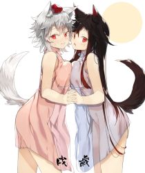 Rule 34 | 2girls, alternate costume, animal ears, bad id, bad pixiv id, bare arms, bare shoulders, blush, breast press, breasts, brown hair, cowboy shot, embarrassed, from side, hat, holding hands, imaizumi kagerou, interlocked fingers, inubashiri momiji, large breasts, long hair, looking at viewer, multiple girls, red eyes, see-through, short hair, sidelocks, simple background, standing, suminagashi, sweat, sweatdrop, symmetrical docking, tail, thighs, tokin hat, touhou, translated, very long hair, wavy mouth, white background, white hair, wolf ears, wolf tail