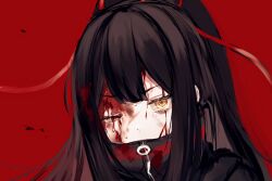 Rule 34 | 1girl, black hair, black jacket, blood, blood on clothes, blood on face, covered mouth, hair ribbon, high ponytail, highres, jacket, library of ruina, long hair, one eye closed, project moon, red background, red ribbon, ribbon, sidelocks, simple background, solo, sweat, tenma (project moon), very long hair, y o u k a, yellow eyes