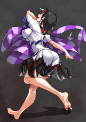 Rule 34 | 1girl, ass, ayakumo, back, barefoot, black hair, breasts, cone horns, covered erect nipples, grey horns, highres, horns, kijin seija, large breasts, looking back, multicolored hair, red eyes, red hair, see-through, soles, solo, streaked hair, touhou, white hair