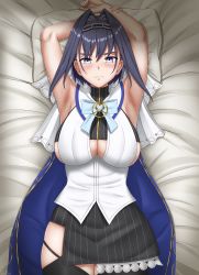 Rule 34 | 1girl, absurdres, armpits, arms behind head, arms up, blue eyes, blue hair, blush, bow, breasts, chain, cleavage cutout, clothing cutout, highres, hololive, hololive english, large breasts, looking at viewer, lying, miniskirt, on back, on bed, ouro kronii, ribbon, skirt, sleeveless, spiritsprite, sweat, thigh gap, thighs, turtleneck, underboob, virtual youtuber