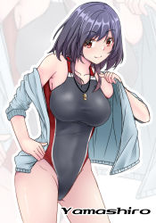 Rule 34 | 1girl, aga marino, alternate costume, black hair, blue jacket, breasts, character name, collarbone, commentary request, competition swimsuit, cowboy shot, grey one-piece swimsuit, jacket, kantai collection, large breasts, leaning forward, one-piece swimsuit, open clothes, open jacket, red eyes, short hair, solo, standing, swimsuit, whistle, whistle around neck, yamashiro (kancolle), zoom layer