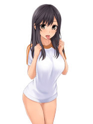 Rule 34 | 1girl, black hair, breasts, brown eyes, commentary request, gym shirt, gym uniform, hair between eyes, hands up, highres, ichijou hotaru, long hair, looking at viewer, medium breasts, no pants, non non biyori, nonaka ritsu, shirt, short sleeves, simple background, solo, standing, tongue, tongue out, white background, white shirt