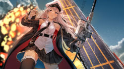 Rule 34 | 1girl, absurdres, azur lane, bad id, bad pixiv id, banmkuchen, bare shoulders, belt, black necktie, black skirt, bow (weapon), breasts, coat, commentary, compound bow, enterprise (azur lane), explosion, expressionless, flight deck, hat, highres, holding, holding bow (weapon), holding weapon, large breasts, long hair, looking at viewer, necktie, outdoors, peaked cap, pleated skirt, purple eyes, rigging, shirt, silver hair, skirt, sleeveless, sleeveless shirt, smile, solo, thighhighs, weapon, white shirt