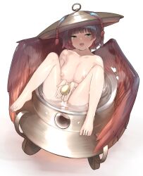 Rule 34 | 1girl, :d, barefoot, breasts, completely nude, egg, green eyes, hat, highres, large breasts, looking at viewer, miyako (naotsugu), nipples, nude, open mouth, original, pubic hair, purple hair, simple background, sitting, smile, solo, toenails, toes, wet, white background, wings