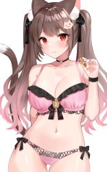 Rule 34 | 1girl, animal ear fluff, animal ears, bare arms, bare shoulders, black choker, bra, breasts, brown hair, cat ears, cat girl, cat tail, choker, cleavage, closed mouth, collarbone, cowboy shot, frilled bra, frills, hair ornament, hair ribbon, highres, katsushika pachi, large breasts, lingerie, long hair, looking at viewer, navel, original, panties, pink bra, pink panties, red eyes, ribbon, side-tie panties, simple background, solo, stomach, tail, tail raised, twintails, underwear, underwear only, white background, wristband