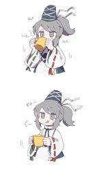 Rule 34 | 1girl, :q, akikaze cp, black hat, closed mouth, cropped legs, cup, drinking, grey eyes, grey hair, hat, hat ribbon, holding, holding cup, japanese clothes, kariginu, long sleeves, looking at viewer, mononobe no futo, pom pom (clothes), ribbon, ribbon-trimmed sleeves, ribbon trim, short hair, simple background, smile, solo, steam, tate eboshi, tongue, tongue out, touhou, white background, wide sleeves