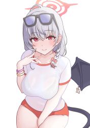 Rule 34 | 1girl, absurdres, blue archive, glasses on head, haruna (blue archive), highres, looking at viewer, medium hair, murasame (jhrdtc), red eyes, shirt, short hair, smile, solo, white background, white hair, white shirt