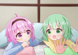 2girls :d black_hairband blue_shirt blush closed_mouth commentary_request green_eyes green_hair hairband hand_on_own_chin highres indoors komeiji_koishi komeiji_satori looking_at_another lying multiple_girls on_bed on_stomach open_mouth outstretched_arms pink_eyes pink_hair shirt short_hair siblings sisters smile toriki_fukuro touhou under_covers yellow_shirt