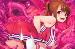 Rule 34 | 1girl, arm grab, ass, blush, breasts, brown hair, commentary request, crying, crying with eyes open, from behind, hair ornament, hairclip, highres, imminent rape, leg grab, long hair, looking at another, monster, open mouth, original, pink eyes, purple eyes, red shirt, red skirt, restrained, shirt, skirt, sleeveless, sleeveless shirt, socks, solo focus, sportswear, tears, tentacle pit, tentacles, wacchi, white socks