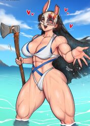 Rule 34 | 1girl, 2023, abs, ass, axe, beckoning, bikini, blonde hair, blood, blood on face, blue background, blush, breasts, brown hair, cheekie, closed mouth, cloud, collarbone, covered navel, cowboy shot, cross-laced bikini, cross-laced clothes, day, dead by daylight, female focus, fingernails, halterneck, heart, heart-shaped pupils, heavy breathing, holding, holding weapon, hooked on you, large breasts, looking at viewer, mask, muscular, muscular female, navel, ocean, open mouth, orange eyes, outdoors, partially submerged, rabbit mask, sharp fingernails, short hair, simple background, smile, solo, sparkle, standing, sweatdrop, swimsuit, symbol-shaped pupils, teeth, the huntress (dead by daylight), thick thighs, thighs, torn clothes, torn mask, upper teeth only, veil, weapon, white bikini